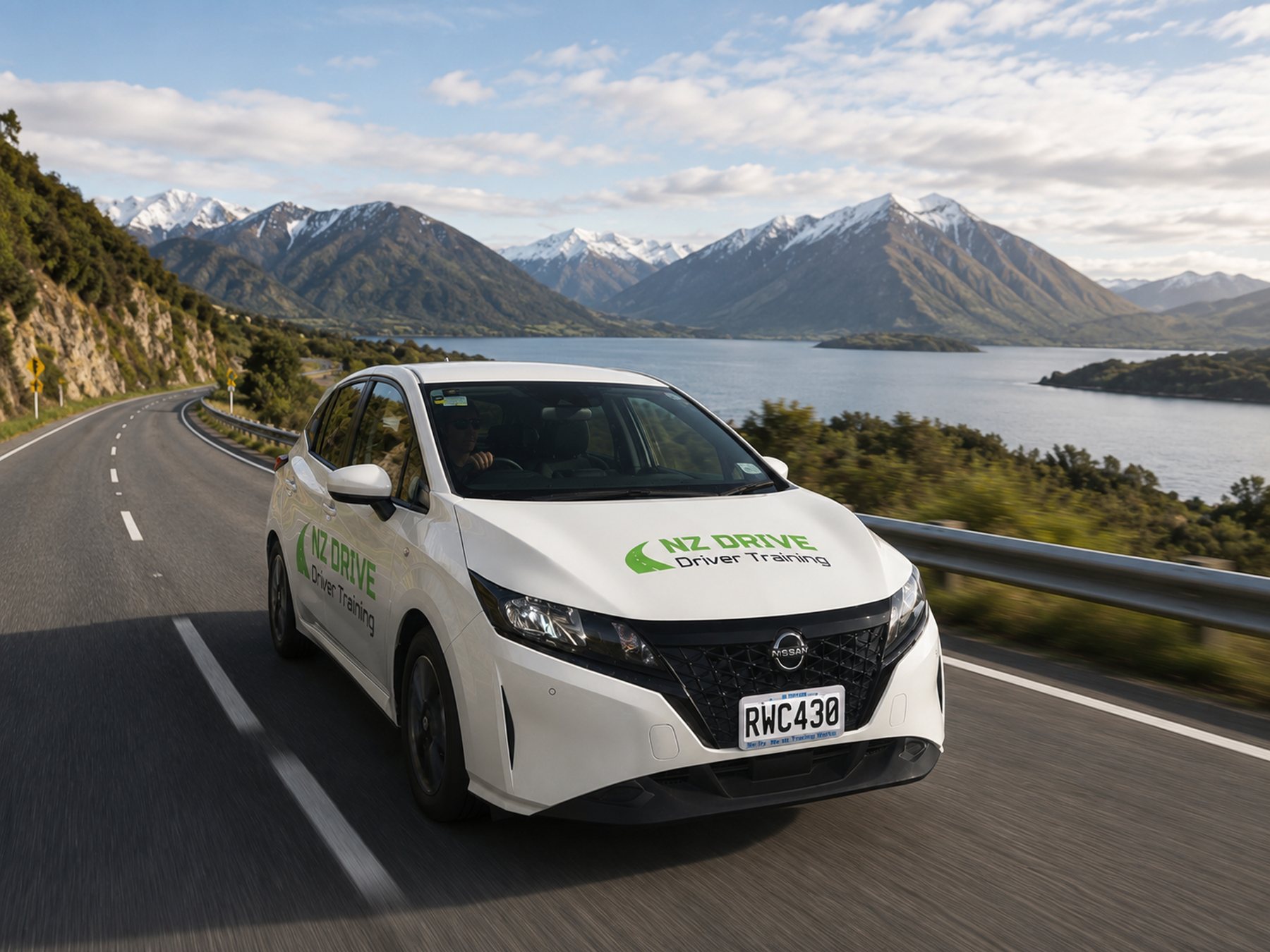 NZ Drive training car on a New Zealand highway beside a lake and mountains