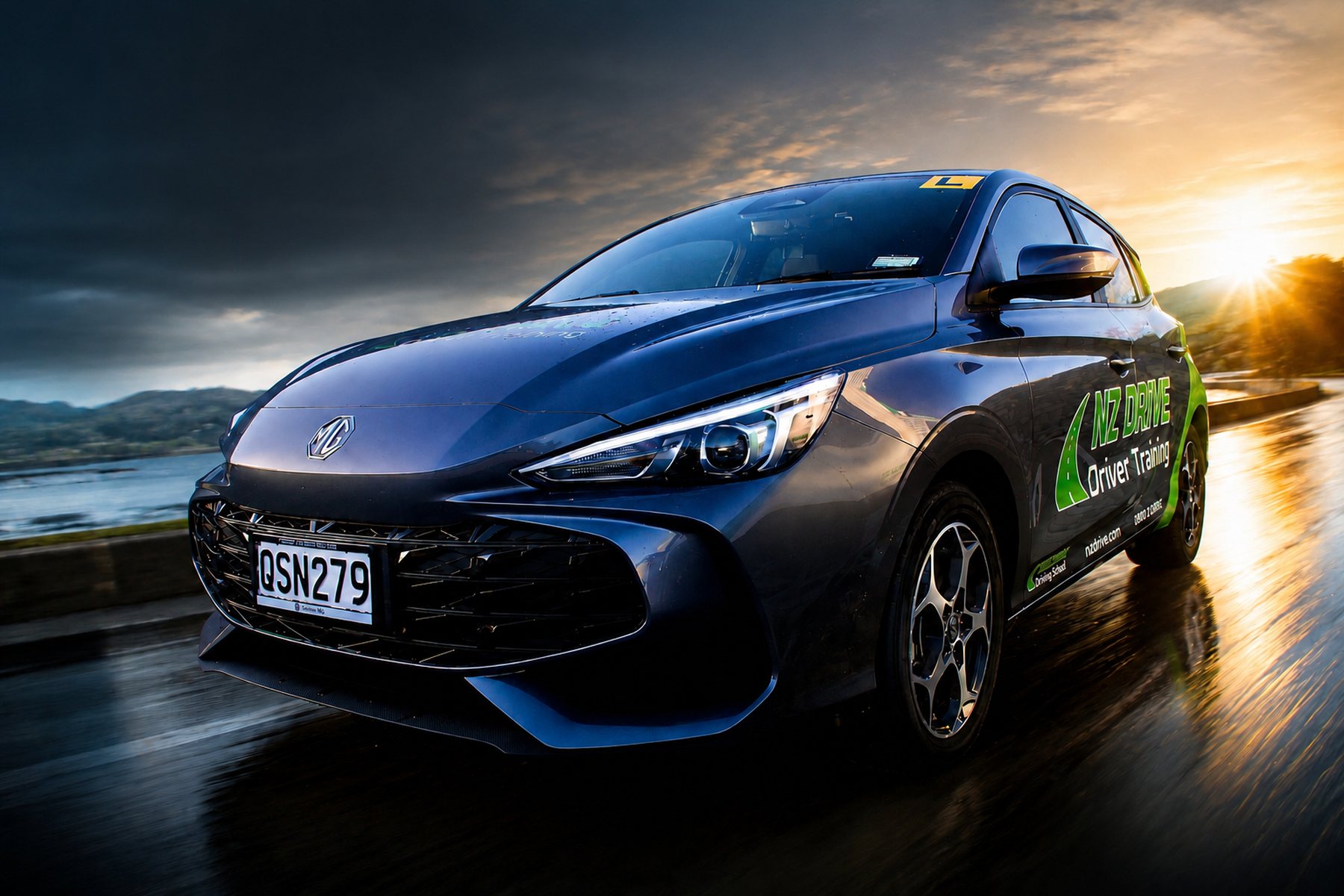 NZ Drive hybrid MG driving on a wet coastal road at sunset
