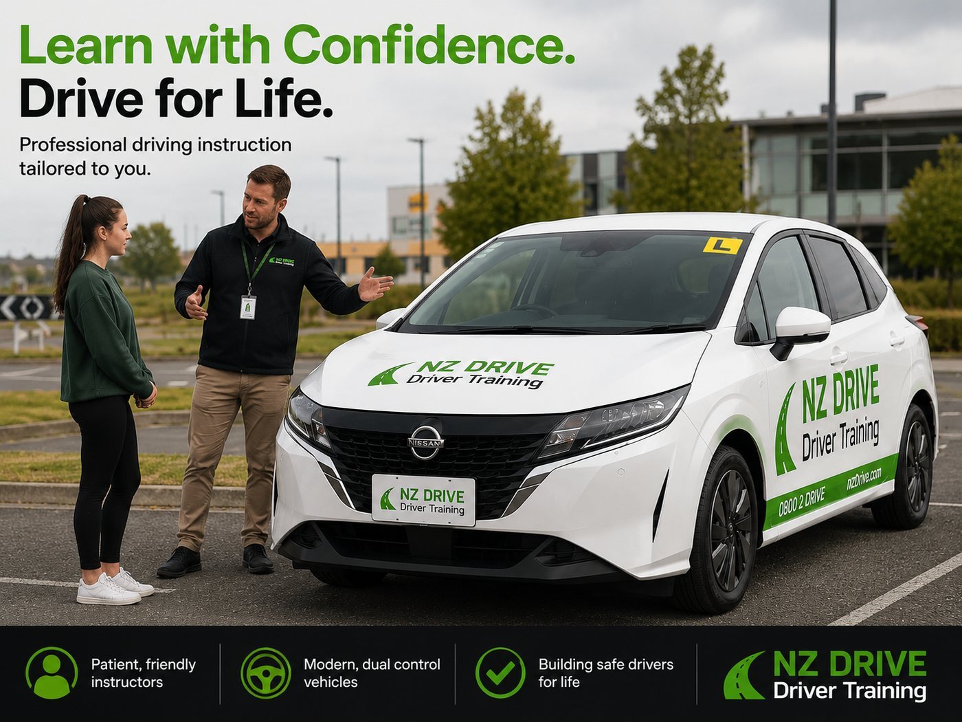 NZ Drive instructor talking with a learner beside the Nissan training car - Learn with Confidence. Drive for Life.